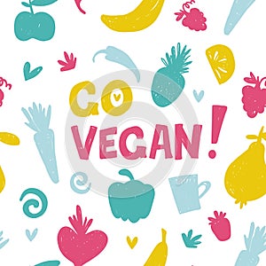 Vegan vector seamless pattern. Hand drawn fresh vegetables and fruits modern texture