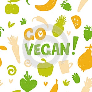 Vegan vector seamless pattern. Hand drawn fresh vegetables and fruits modern texture