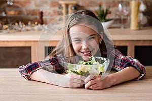 Vegan vegetarian diet kids smiling girl salad bowl