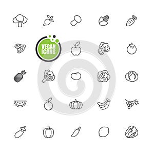 Vegan and Vegetarian food,Vegetables and fruits icons line set