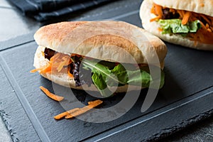 Vegan / Vegetarian Pita Bread Bun Sandwich Taiwan`s Gua Bao with Carrot Slices and Greens from Asia.