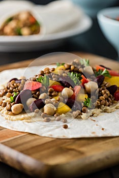 Vegan wraps with lentil, chickpea peppers and kidney bean