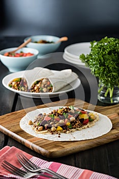 Vegan wraps with lentil, chickpea peppers and kidney bean