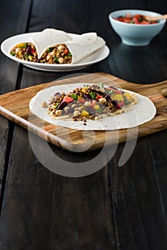 Vegan wraps with lentil, chickpea peppers and kidney bean