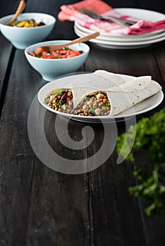 Vegan wraps with lentil, chickpea peppers and kidney bean