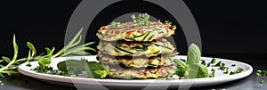 Vegan Zucchini Fritters On White Round Plate On White Background photo