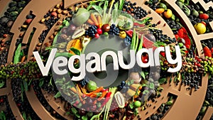 Veganuary Text design illustration with vegetables and fruit