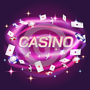 Vegas casino background, gamble poker. Retro golden cash and cards, luxury business money. 3d realistic elements on neon