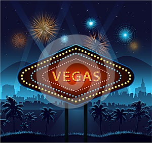 Vegas city sign at night and background lights fireworks