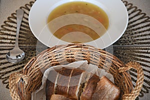 Veges and oinion soup with ciabatta bread for lunch in capital