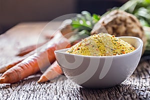 Vegeta seasoning spices condiment with dehydrated carrot parsley celery parsnips and salt with or without glutamate photo