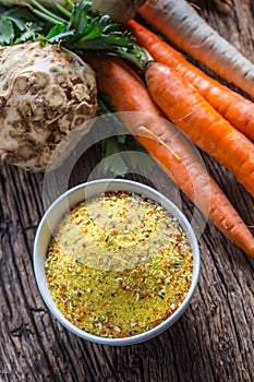 Vegeta seasoning spices condiment with dehydrated carrot parsley celery parsnips and salt with or without glutamate
