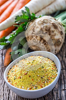 Vegeta seasoning spices condiment with dehydrated carrot parsley celery parsnips and salt with or without glutamate
