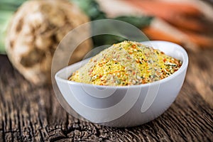 Vegeta seasoning spices condiment with dehydrated carrot parsley celery parsnips and salt with or without glutamate