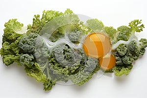 Vegetable and animal proteins. Broccoli and lettuce intertwined pattern with egg orange accent