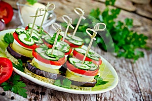Vegetable appetizer of eggplant, pepper, tomato, cucumber on toasted bread with skewers