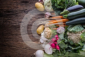 Vegetable. Assortment of fresh vegetable on rustic old oak table. Vegetable from market place