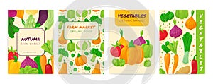 Vegetable banner. Posters with cartoon fresh vegetable patterns and place for text, healthy vegetarian organic food