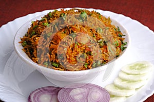 vegetable biryani, Indian food Tawa Pulao rice with vegetables and spices close-up, Fried rice indian food