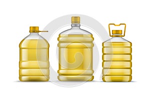 Vegetable bottle oil. Different packaging plastic full bottles. Realistic huge transparent containers for liquid. 3D