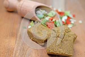 Vegetable bouillon, bouillon cubes in a closeup
