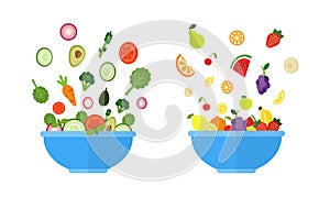 Vegetable bowl. Fruit bowl. Salad with fresh vegetables and fruits in blue bowls. Organic food concept in flat style