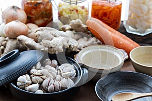 Vegetable in bowl for making kimchi. Mixed raw vegetables in traditional bowl used for cooking and making preserved food