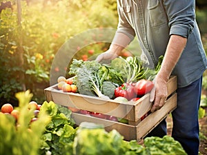 Vegetable box holding by hands of man