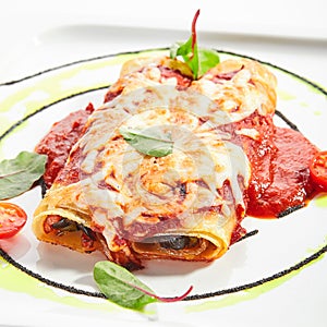 Vegetable cannelloni with dorblu cheese and tomato sauce