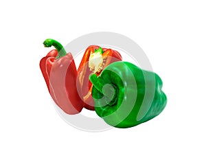 vegetable capcicum decoration food. Red green sweet peeper or bell pepper cut half . Isolated on white background with clipping