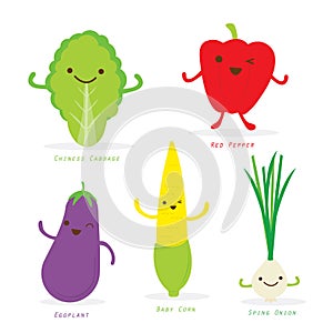 Vegetable Cartoon Cute Set Chiness Cabbage Sweet Pepper Eggplant Baby Corn Spring Onion Vector