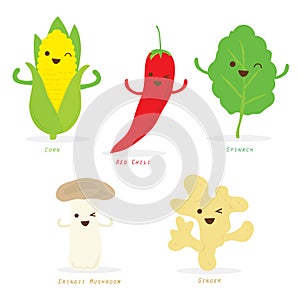 Vegetable Cartoon Cute Set Red Chili Corn Spinach Ginger Eringii Mushroom Vector