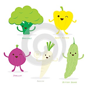 Vegetable Cartoon Cute Set Sweet Pepper Broccoli Shallot Radish Bitter Gourd Vector