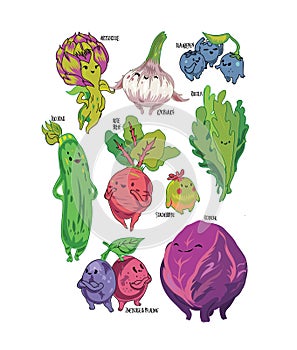 Vegetable cartoon mascots set funny vector