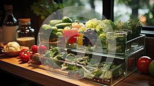 Vegetable compartment of the refrigerator full of fresh vegetables. Open fridge, drawer filled with fresh vegetables