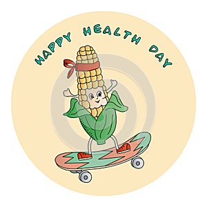 Vegetable corncob is actively involved in sports demonstrating a healthy lifestyle. Doodles hand drawn funny color vector