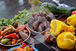 A vegetable counter at a street market. Trade in seasonal goods