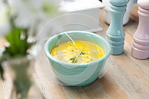 Vegetable cream soup. Yellow curry with coconut milk, selective focus, close-up.