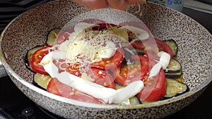 Vegetable dish of eggplants and tomatoes with garlic, mayonnaise and grated cheese