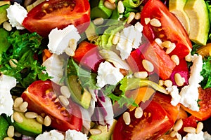 Vegetable dish, salad with avocado, pepper, tomato, italian mix, fresh lettuce, feta cheese and pine nuts. Healthy food