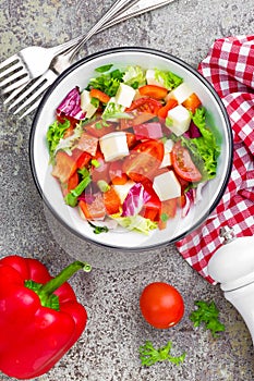 Vegetable dish, salad with bell pepper, tomato, italian mix, fresh lettuce and mozzarella cheese. Healthy food