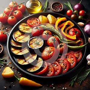 Vegetable dishes for vegetarians cooked in a flat pan with an appetizing presentation 3