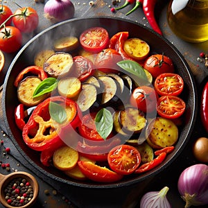 Vegetable dishes for vegetarians cooked in a flat pan with an appetizing presentation 4