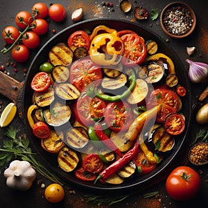 Vegetable dishes for vegetarians cooked in a flat pan with an appetizing presentation 7