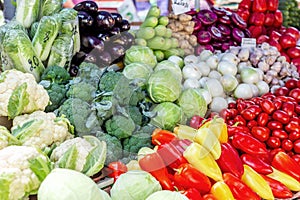 Vegetable farmer market counter. Colorful heap of various fresh organic healthy vegetables at grocery store. Healthy natural food