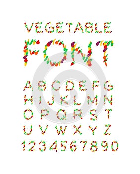 Vegetable font. Vegetarian alphabet. Letters from vegetable ABC. Corn and cucumber. Pepper and eggplant