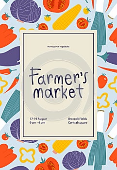 Vegetable frame border for farmers market poster design. Fresh local veggies in trendy flyer.