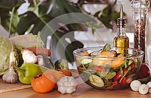 Vegetable Fresh Salad with Tomatoes, Cucumbers, Scallion and Olive Oil