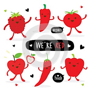 Vegetable and Fruit Cartoon Cute Set Pepper Red Chili Tomato Apple Strawberry Vector