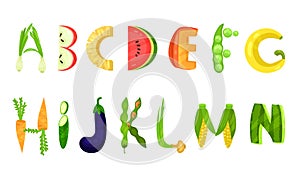 Vegetable and Fruits Vector Alphabet Letters Isolated On White Background